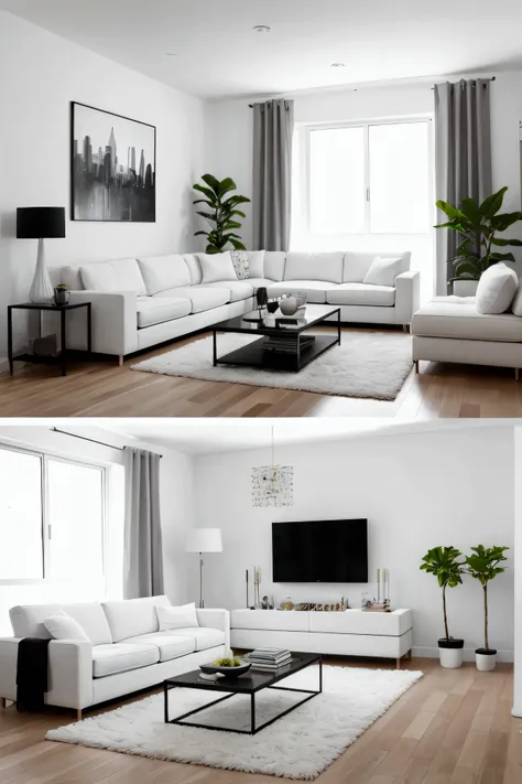 (Modern Living Room Transformation– A cozy, modern living room with a stylish sofa as the centerpiece, surrounded by minimalist decor, soft lighting, and clean lines.White or off-white colour.