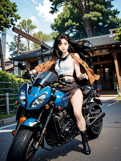 Create an RPG-style scene where a beautiful young brown-eyed Japanese woman is having a photoshoot while riding a sexy big size motorbike.。
Wearing a micro mini skirt。Buckshot。Strong winds。