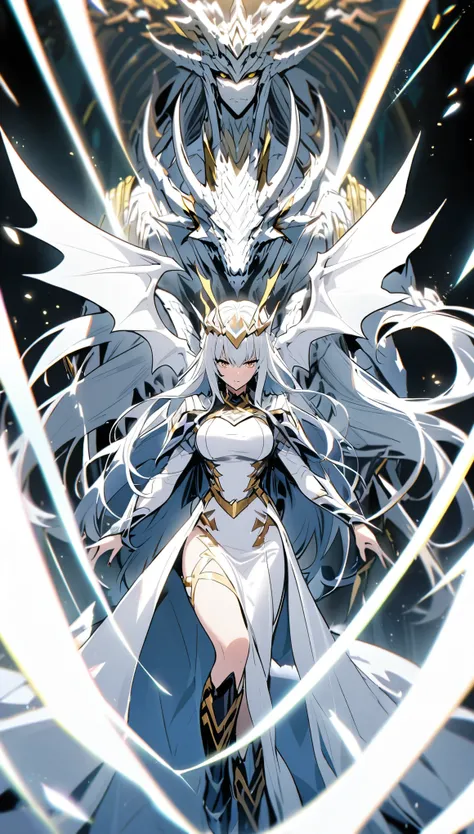 Dragon Knight Woman, White dragon wings on his back, A white dragon&#39;s tail grows, Valkyrie, Elf Ears, Big Breasts, Beautiful big breasts, Grim expression, Sharp Eyes, ponytail, Blonde, Clear red eyes, Big Ass, Holy Knight, Silver Breastplate, Silver Sh...