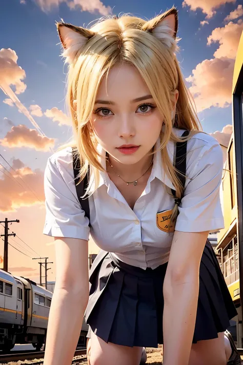 masterpiece, 4K, Bokeh,best quality, realistic, 

 (Bright Blonde hair:1.6), (ponytail:1.2),(Blushed face:1.3), (Plump breast:1.2),  (Cat ears:1.3), 
(all fours:1.6), (in trainr station:1.3),
uniform, Beautiful girls, Group photo, Harem, Multiple Girls, Lo...