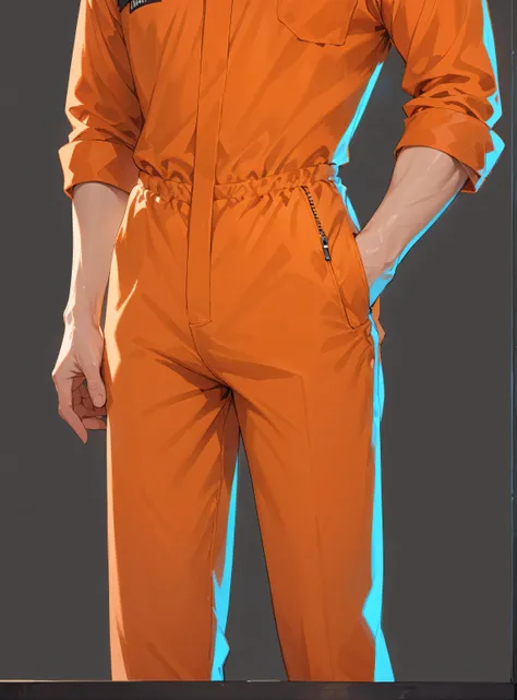 masterpiece, beautiful illustration, man, prison uniform, orange jumpsuit with zipper