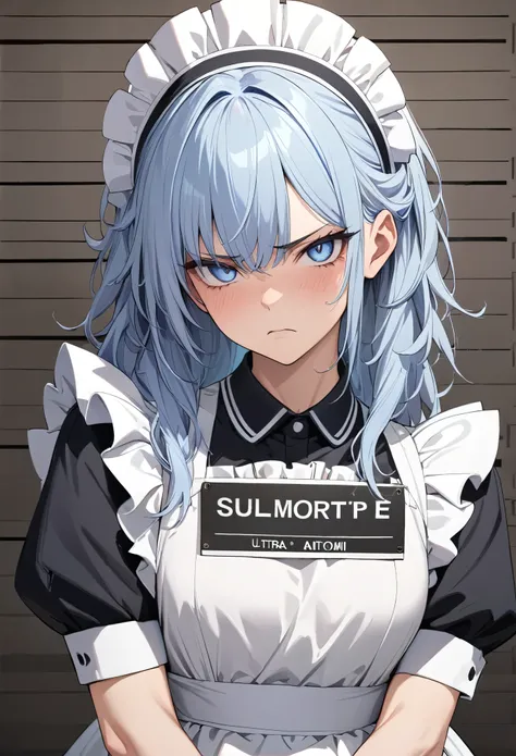 (masterpiece), anatomically correct, accurate, textured skin, high details, high quality, (best quality), (super detail), perfect detailed eyes, perfect detailed face, ultra-detailed nose, Maid, maid outfit, maid apron, white brim, Mugshots, (Mugshot Board...