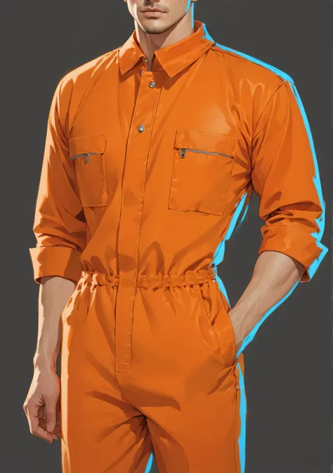 masterpiece, beautiful illustration, man, prison uniform, orange jumpsuit with zipper, buttoned