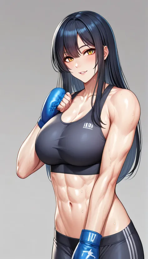 black hair,masterpiece,best quality,highres,ultra-detailed,aashizue,yellow eyes,long hair,(sports bra:1.2), boxing gloves, toned, muscular,sweating, (sleeveless:1.4)