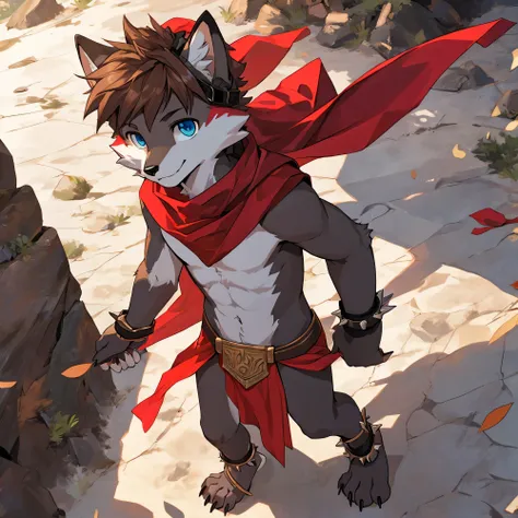 no lighting, deep shadow, dynamic angle, masterpiece, high quality, hi res, solo, young Furry, young, white fox, spiked brown hair only on head, red scarf, blue eyes, goggles, red loincloth, red cape, masterpiece, detail body, fur all over body, detailed f...