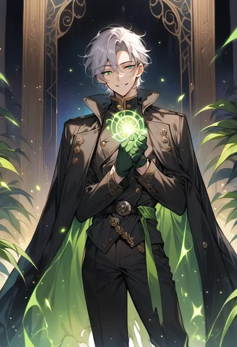 Best Quality,masterpiece,detailed, boy with white hair, short hair, green white eyes, elegant black trench coat, Black pants, messy hair, ojos extremadamente detaileds ,Alone , long cape , superb smile , standing , stopped , green magic