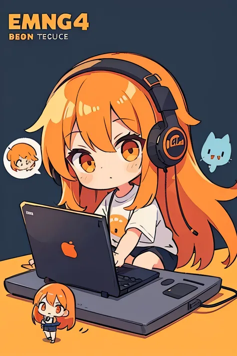 a female chibi character with long orange hair and headphones using the computer