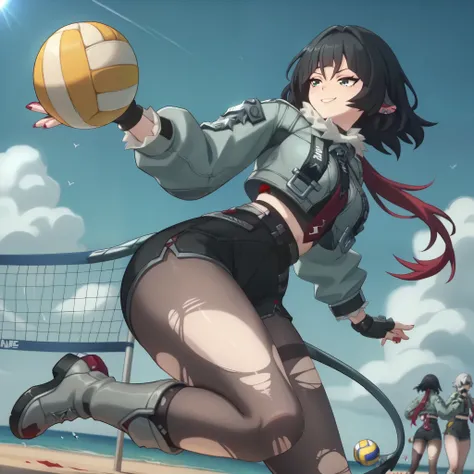 jane doe, smirk, smile, character from game zenless zone zero, playing volleyball on the beach, jumping to hit the ball, sexy fr...