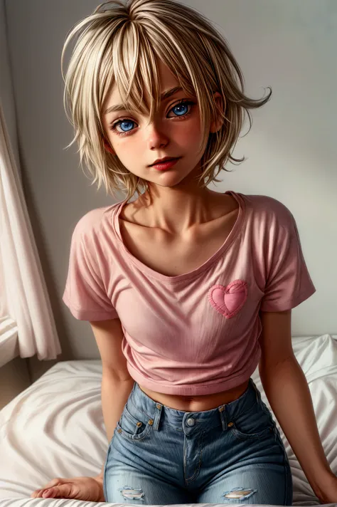 Anime style, Highres, Masterpiece, Best quality at best, Best Quality, hight quality, hight detailed, 1boy, (little boy), blonde boy, boy face, boy body, cute boy, femboy, detailed light blue eyes, short hair, messy hair, bangs, pastel rainbow inner hair c...