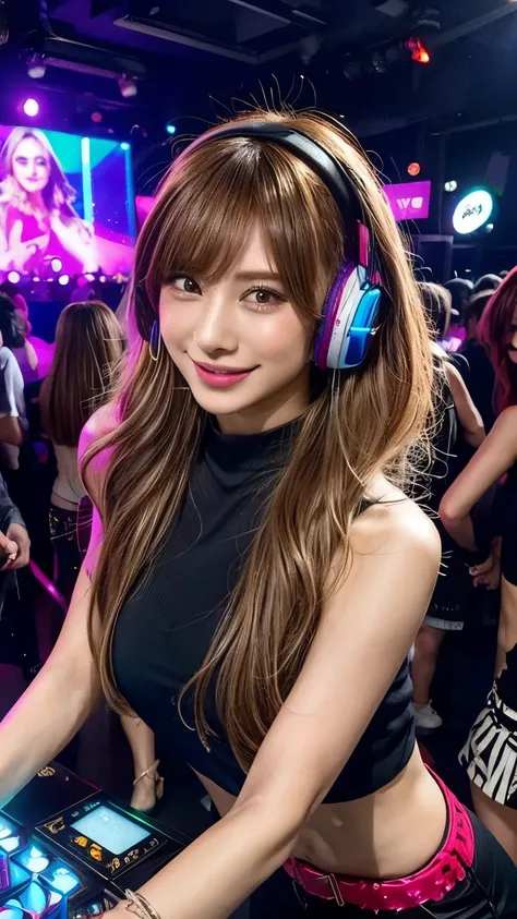 A dynamic nightclub scene: A female DJ stands confidently next to the dance floor, surrounded by flashing lights and a sea of partygoers dancing in unison. Shes focused on adjusting the mix, her large headphones perched on one ear as she vibes with the mus...