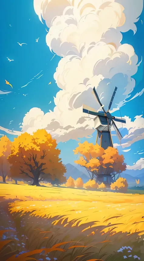 there is a windmill in the middle of a field with trees, anime countryside landscape, autumn wind, anime landscape, scenery artwork, low detailed. digital painting, a beautiful artwork illustration, makoto shinkai cyril rolando, digital painting concept ar...