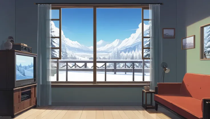 Lofi Winter Landscapes ,studio ghibli style , By the living room window