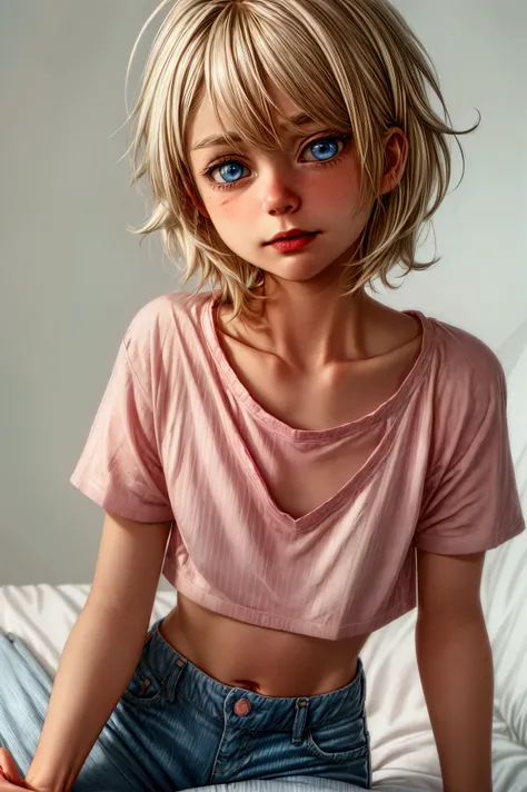 Anime style, Highres, Masterpiece, Best quality at best, Best Quality, hight quality, hight detailed, 1boy, (little boy), blonde boy, boy face, boy body, cute boy, femboy, detailed light blue eyes, short hair, messy hair, bangs, pastel rainbow inner hair c...