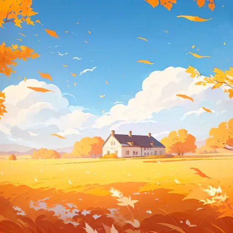 there is a painting of a house in a field with a lot of leaves, autumn field, background art, 🍁 cute, by Atey Ghailan, atey ghailan 8 k, autumn wind, inspired by Atey Ghailan, 2d matte illustration, wind blows the leaves, very coherent stylized artwork, sc...