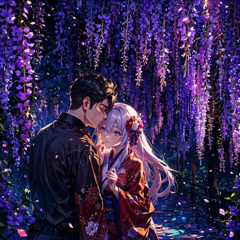 a man is kissing a woman in the wisteria forest,  dark night, , (Beautifully Aesthetic:1.2),wisteria, peace, tranquility, serenity, petals, red kimono