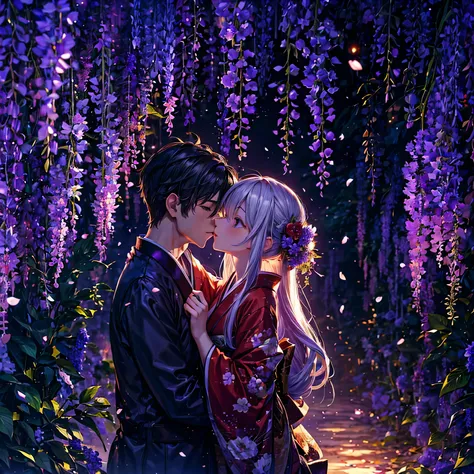 a man is kissing a woman in the wisteria forest,  dark night, , (Beautifully Aesthetic:1.2),wisteria, peace, tranquility, serenity, petals, red kimono