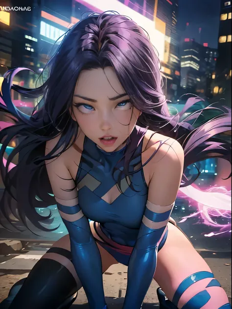 ((SUPERHEROINE PSYLOCKE )) , ((She has long hair)), (She is wearing her uniform), (masterpiece, best quality) 1girl, Alone, (sexy, Pretty woman, Perfect face, perfect eyes), image of 1/2 body , (PSYLOCKE, ahegao, rolling eyes), dynamic pose, superhero batt...