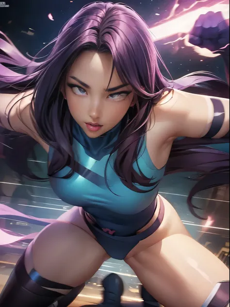 ((SUPERHEROINE PSYLOCKE )) , ((She has long hair)), (She is wearing her uniform), (masterpiece, best quality) 1girl, Alone, (sexy, Pretty woman, Perfect face, perfect eyes), image of 1/2 body , (PSYLOCKE, ahegao, rolling eyes), dynamic pose, superhero batt...