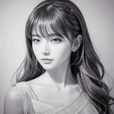 Draw a beautiful woman on a piece of white paper.、Japanese、Realistic、The only technique you can use is colored lines.、Please draw using hatching only、Art Wallpaper、4K, 8k,