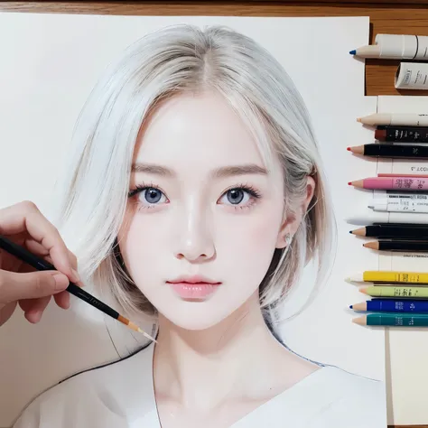 Draw a beautiful woman on a piece of white paper.、Japanese、Realistic、(The only technique you can use is colored lines.)、(Please draw using hatching only)、Art Wallpaper、4K, 8k,