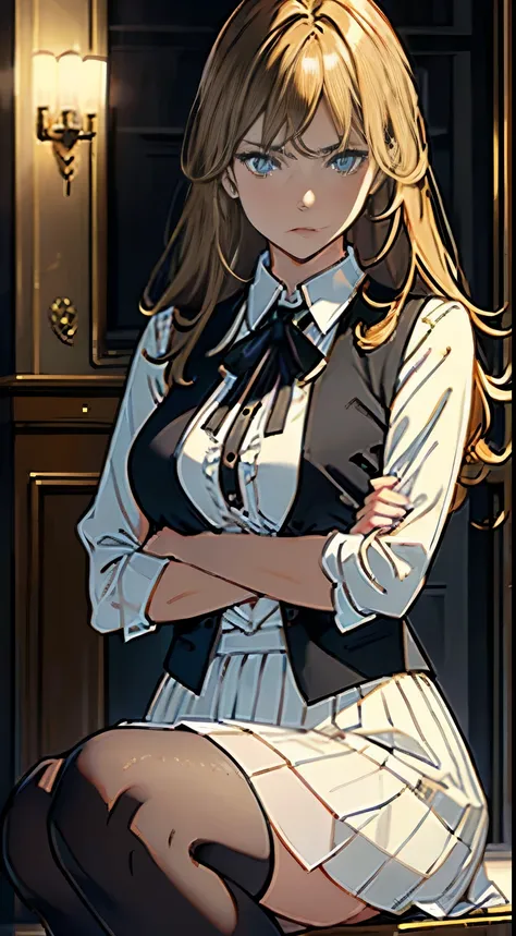 Woman, brown-haired blonde, bright golden eyes, wearing a white blouse and a black vest, knee-length white skirt, doing a crossed arms pose, arrogant look with serious expression.