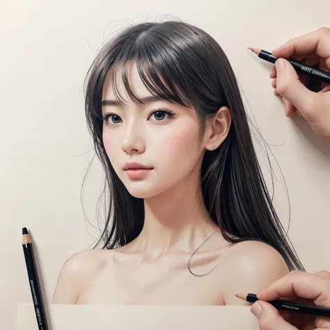 Draw a beautiful woman on a piece of white paper.、Japanese、Realistic、The only technique you can use is colored lines.、Please draw using hatching only、Art Wallpaper、4K, 8k,