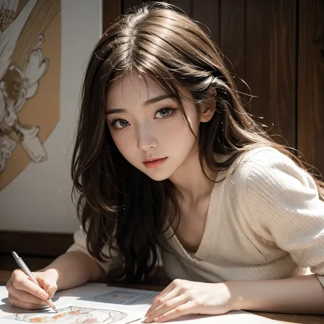 Draw a beautiful woman on a piece of white paper.、Japanese、Realistic、The only technique you can use is colored lines.、Please draw using hatching only、Art Wallpaper、4K, 8k,