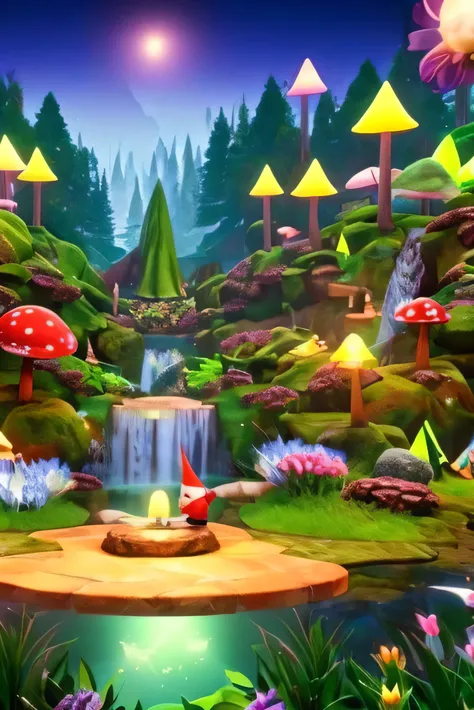 mystical forest, small flying fairies, gnomes working, magical mushrooms