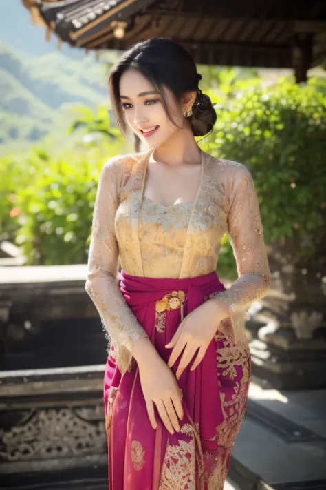 (Best quality, high resolution, Masterpiece: 1.3), a beautiful woman with a slender figure, (dark brown layered hairstyle), wearing a pendant, ((kebaya_bali)) outdoors, scenic beauty, lakes and mountains in distant background, details in face and skin text...