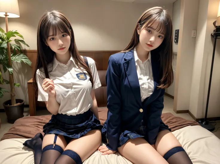 masterpiece, Best Quality, figure, Very detailed, Delicate details, High resolution, 8k,wallpaper, Perfect dynamic composition,(Detailed high quality, Realistic depiction of eyes:1.3), (2 girls), Schoolgirl uniform、blazer 、Super short check uniform skirt、N...