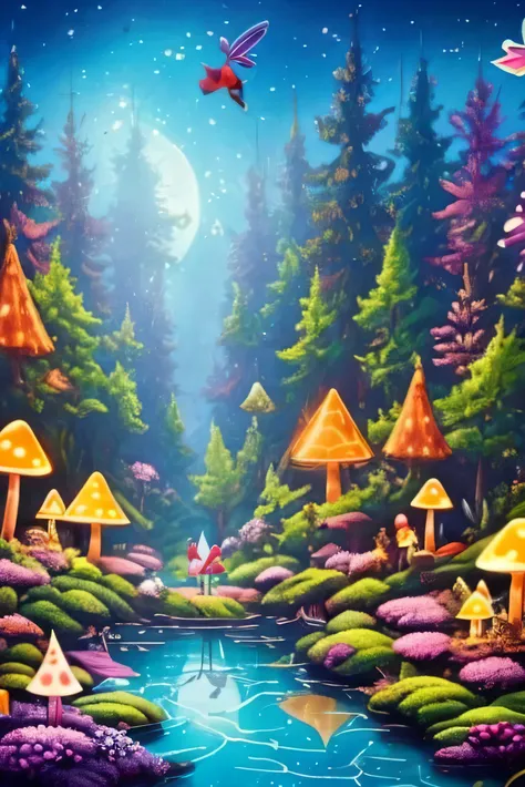 mystical forest, small flying fairies, gnomes working, magical mushrooms, bright fireflies