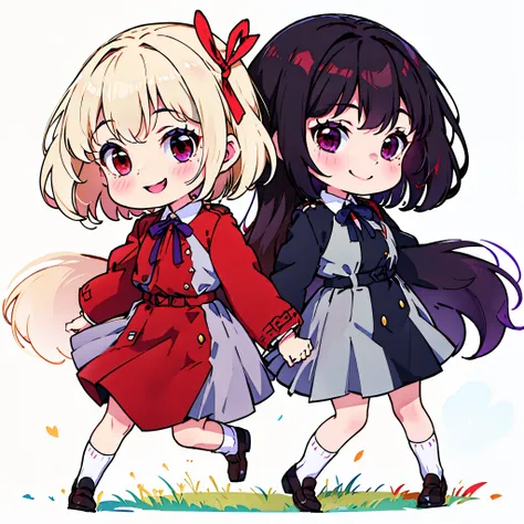 ((masterpiece, best quality, highres)), depth of field,
BREAK, ((chibi)), chibi style, (2girls:1.3), BREAK, (lyln, inoue_takina, ((purple eyes)), (black_hair, long_hair, black_jacket)), (((black socks, blown loafer))), BREAK, (lyqs, nishikigi_chisato, ((r...