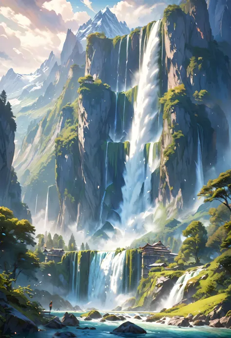 Super huge mountain、The Alps、Amazing views、Wonderful nature、Fantasy、Huge waterfall、High resolution、Best Quality、masterpiece