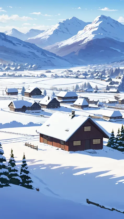 Lofi Winter Landscapes ,studio ghibli style , Wide open fields, clear skies, lots of snow