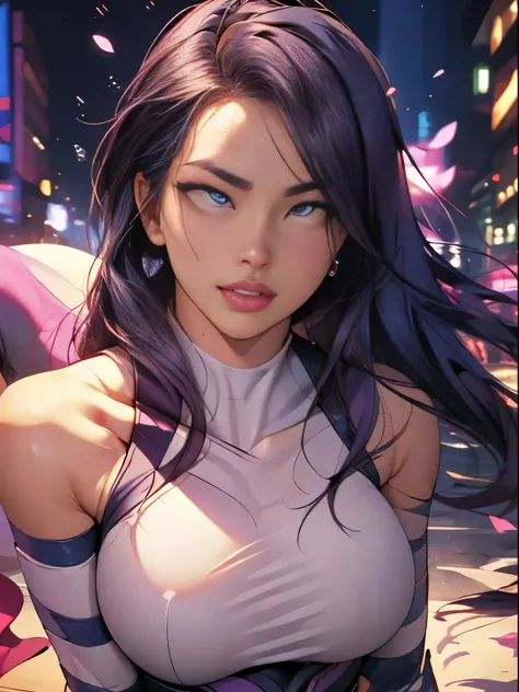 ((SUPERHEROINE PSYLOCKE )) , ((She has long hair)), (She is wearing her uniform), (masterpiece, best quality) 1girl, Alone, (sexy, Pretty woman, Perfect face, perfect eyes), image of 1/2 body , (PSYLOCKE, ahegao, rolling eyes), dynamic pose, superhero batt...