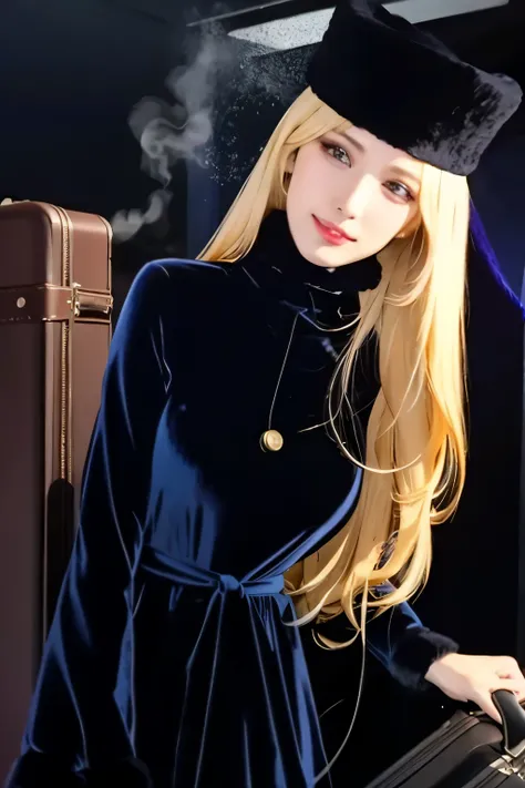 Previous phone number,Long Hair,Blonde,Fur trim,black,Headwear,Velvet hat,Velvet dress,(Cowboy Shot:1.1),Good eyes,(luggage:1.1),steam,(station:1.1),stationのプラットホーム,night,Milky Way,999best quality,Very detailed,masterpiece,Absurd,8k,(細かGood eyes,deep eyes)...