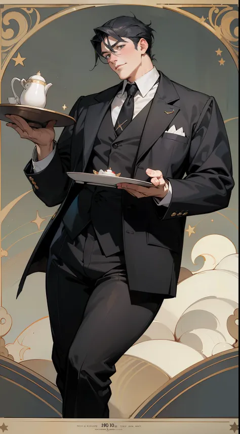 ((best quality, masterpiece)), john singer sargent anime illustration, 1man, 40 years old, tall, full-figured body, fat, 250lbs, very handsome, mature male, solo, soft romantic expression, black butler uniform with a black necktie, pinstriped pants, tidy b...