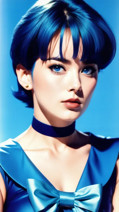 Sailor mercury, short blue bob hair, piercing blue eyes, japanese beauty face
Analog style, vhs style,chromatic aberration, 1980s style film by Jean Giraud