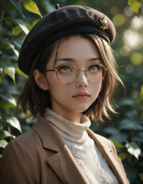 score_9, score_8_up, score_7_up, score_6_up, score_5_up, 3d render, 1girl, close up, masterpiece, best quality, bokeh, cute, 1girl, solo, beret, hair clip, beige hair, round eyewear, brown jacket, turtleneck sweater, upper body, looking at viewer, yellow e...