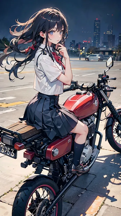 ((A high school girl riding a motorcycle with an engine lower than her knees,Wearing a uniform,Teenage Girls,Soft looking lips,Glossy skin,Hair is braided,Soft-looking skin:1.25)),(8k, Best Quality, masterpiece: 1.2, masterpiece, Attention to detail,Very d...