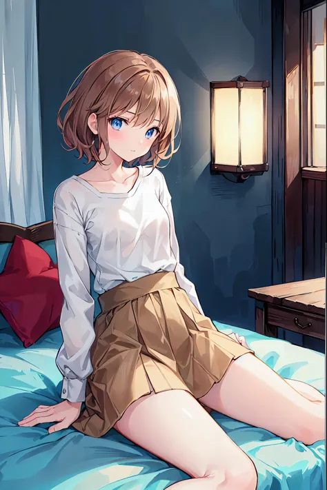 How a girl sits，Written boundary depth, Delicate eyes, Perfect beauty、Small breasts、thin，((Natural Style))，Brown Hair、Books当に美しい、Beautiful profile，Perfect Style，((Boyish clothes))，Shortcuts，Western-style room，On the bed，Dim lighting，１Put your wrist on some...