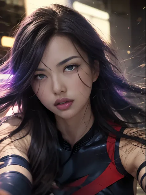 ((SUPERHEROINE PSYLOCKE )) , ((She has long hair)), (She is wearing her uniform), (masterpiece, best quality) 1girl, Alone, (sexy, Pretty woman, Perfect face, perfect eyes), image of 1/2 body , (PSYLOCKE, ahegao, rolling eyes), dynamic pose, superhero batt...