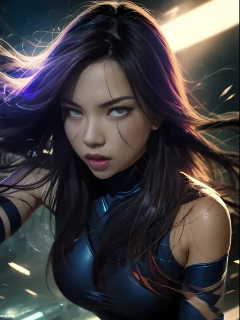 ((SUPERHEROINE PSYLOCKE )) , ((She has long hair)), (She is wearing her uniform), (masterpiece, best quality) 1girl, Alone, (sexy, Pretty woman, Perfect face, perfect eyes), image of 1/2 body , (PSYLOCKE, ahegao, rolling eyes), dynamic pose, superhero batt...