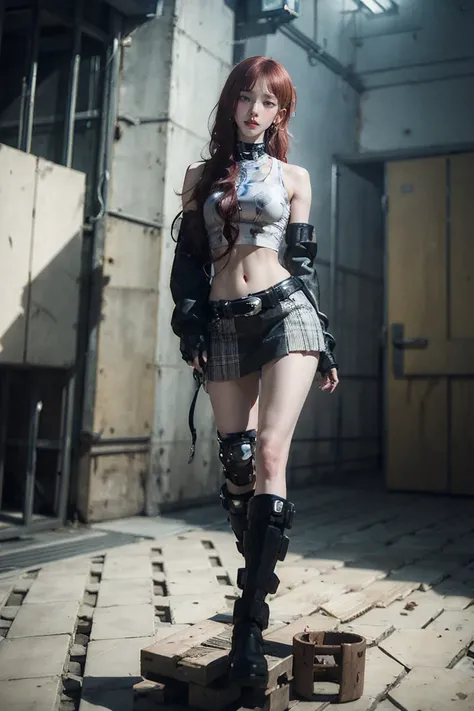 woman, Curly Red Pixie Cut Hair, Green Eyes, Wearing a black crop top shirt, Long black jacket, Red Check Skirt, (Black knee-high boots), Black fingerless gloves, Exposed shoulders, (whole body), Big breasts Freckles, Clevis, Abdominal muscles, View your v...