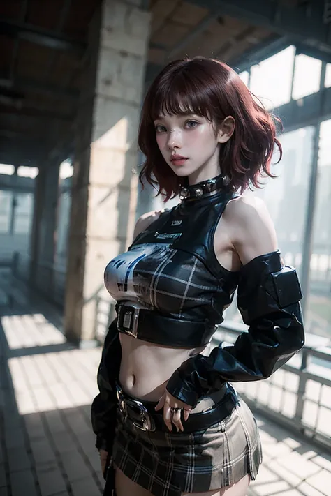woman, Curly Red Pixie Cut Hair, Green Eyes, Wearing a black crop top shirt, Long black jacket, Red Check Skirt, (Black knee-high boots), Black fingerless gloves, Exposed shoulders, (whole body), Big breasts Freckles, Clevis, Abdominal muscles, View your v...