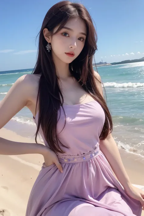 masterpiece, high resolution, best quality, Very detailed, pink eyes, beautiful woman, purple dress，beach，long hair