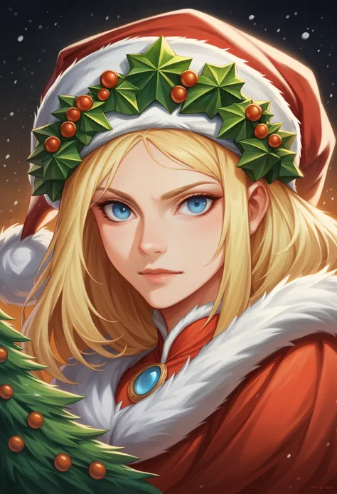 a beautiful portrait of the empress, blonde hair, perfect blue eyes, with a brilliant, Impossibly Bright Large Christmas Headdress, clothes santa robes, all things Christmas, snow, symmetric, dramatic studio lighting, Rococo, baroque, green, Asiatic, hyper...