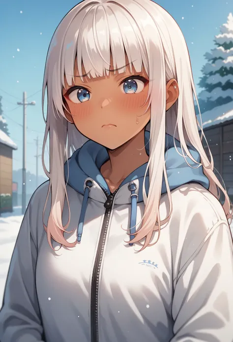 Score_9, score_8_up, score_7_up, score_6_up, source_anime, rating:general, 1girl, Gyaruu, tan, Gyaru, upper body, embarrassed, blush, frown, casual winter clothes, sporty, white hair, hime cut, straight bangs, light blue eyes,  snowy countryside