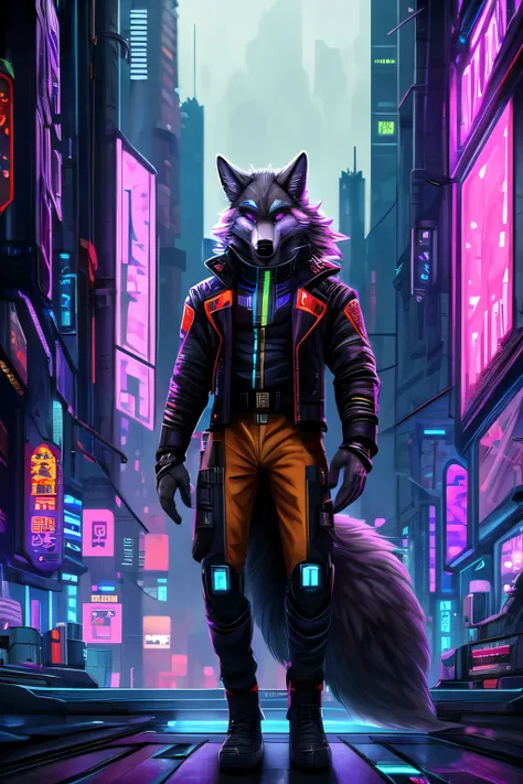 ((best quality)), ((masterpiece)), (detailed) anthro wolf grey wolf, standing behind a big futuristic city, cyberpunk. he look around and is dressed like bladerunner, he is maned_wolf and had purple eyes, a scar on his left eye
