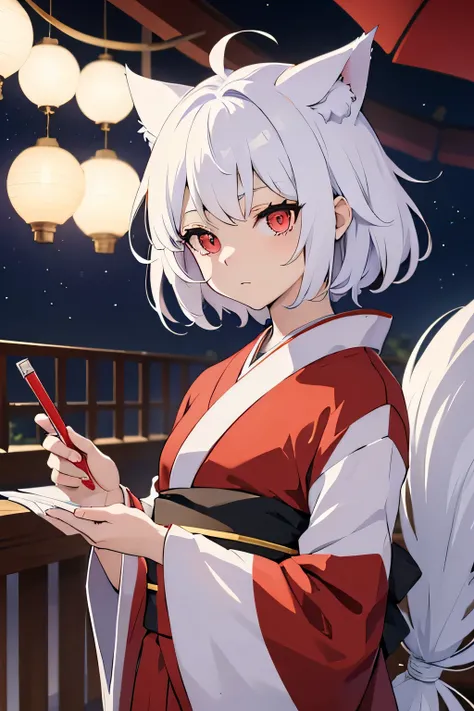 anime character with white hair and red eyes wearing a kimono, neferpitou, white cat boy, anime catboy, beautiful anime catboy, cat - like scarlet eyes, white ( cat ) boy, cute anime catboy